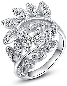 Celebrity Jewelry White Gold Swarovski Elements Crystal Leaf Shape Fashion Ring for Women Size 6