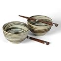 Japanese Stoneware Bowls with Chopsticks Gift Set, Brown Swirl