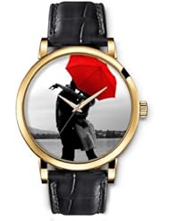 SPRAWL Aanalog Fashion Series Gold Ladies Watches of Genuine Black Leather Strap,Unique Wrist Watch for Women Girls Designed with Lovers and red umbrella