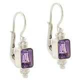 Sterling Silver Genuine Amethyst Stone Bali Emerald cut Lever Back LeverBack Earrings