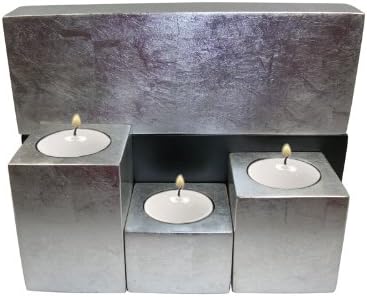 Metallic silver- set of decorative wooden lacquer cube shapped tea-light candleholders-Tallest cube is 3.9"