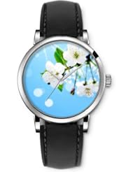 SPRAWL Aanalog Fashion Series Silver Ladies Watches of Genuine Black Leather Strap,Unique Wrist Watch for Women Girls Designed with White flowers and bud