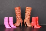 A Group of 3 Pairs of Boots Brown Cowboy Boots and Pink and Red Low Boots Made to Fit the Barbie Doll