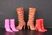 A Group of 3 Pairs of Boots Brown Cowboy Boots and Pink and Red Low Boots Made to Fit the Barbie Doll