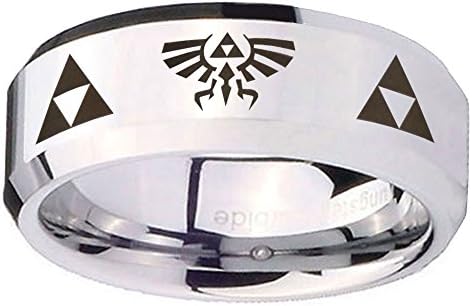 8MM Tungsten Carbide Legend of Zelda Shiny Silver Flat Top Engraved Ring Size 14