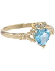 XPY 10k Yellow Gold Heart-Shaped Blue Topaz and Diamond-Accent Claddagh Ring (.016 cttw, I-J Color, I2-I3 Clarity)