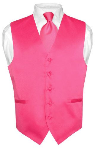 Men's Dress Vest & NeckTie Solid HOT PINK FUCHSIA Color Neck Tie Set