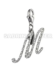 Sterling Silver Script Initial Letter M Alphabet Charm Diamond Cut Finish and Lobster Lock Clasp, 3/4 inch