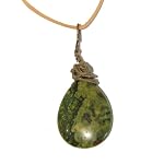 Rhyolite Necklace 01 Pendant Green Yellow Drop Tan Leather Crystal Healing Stone Rock Gem 22