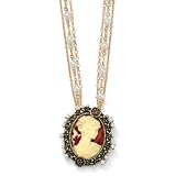 14K Gold-Plate Crystal & Simulated Pearl Cameo Pendant-Necklace Adjustable Length Antiqued