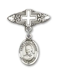 Sterling Silver Baby Badge with St. Luigi Orione Charm and Badge Pin with Cross