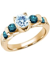 2.07 Ct Round Sky Blue Topaz Blue Diamond 18K Yellow Gold Ring