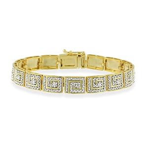18K Gold over Sterling Silver Two Tone Genuine Diamond Accent Greek Key Inlay Design Bracelet