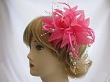 Attractive Silk Flower with feathers and Pearl beads on Clip fascinator ,Corsage with Brooch pin ,Available in 6 Colours Hot pink,Lilac ,Pale blue,Lemon,Lime Green and Peach, ,Ideal Wedding, Races,Ladies day ,Proms Or any other special occasion .