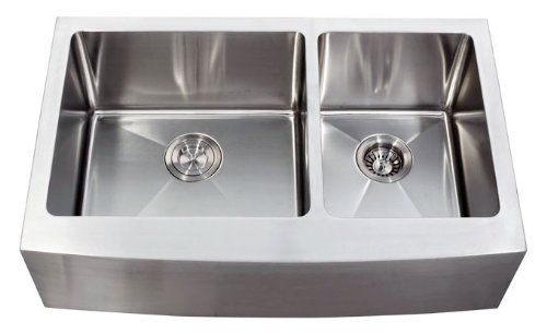33 Inch Stainless Steel Curved Front Farm Apron Double Bowl Kitchen Sink 15mm Radius Design - 16 Gauge