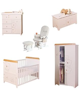 Three Bears Roomset - Cot Bed, Wardrobe, Chest, Toy Box, Shelf, Mattress and Gliding Chair