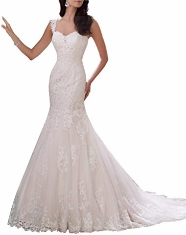 CitySky Women's Elegant Lace Chapel Train Mermaid bridal Wedding Dress White Custom Size