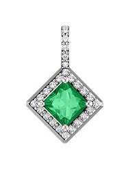 Platinum 5.00x5.00mm Princess Cut Chatham Created Emerald and Diamond Pendant