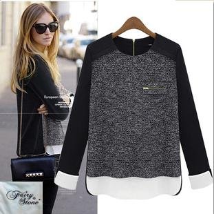 (フェアリー ストーン)Fairy Stone ブラウス シャツ ニット セーター トップス レディース 長袖 ラウンドネック 丸首 おしゃれ かわいい きれいめ シフォン チュニック ショート ゆったり ざっくり ゆる シルエット カジュアル ファッション バイカラー グレー ブラック ホワイト モノトーン S M L XL XXL オリジナルハンドタオルセット B-06