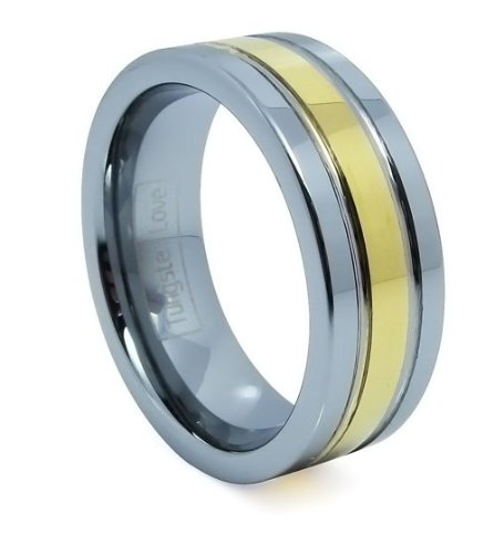 Tungsten Carbide Men's Ladies Unisex Ring Aniversary/engagement/wedding Band 8mm (5/16 Inch) Two Tone Gold Finish Polished Shiny Grooved Comfort Fit (Available in Sizes 8 to 12) Size 8