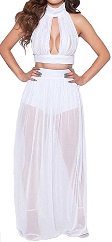 Women's Keyhole Crop Top Long Chiffon Skirt 2 Piece Set Outfit Beach Club Dress