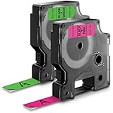 DYMO Standard D1 Self-Adhesive Polyester Tape for Label Makers, 1/2-inch, Black Print on Neon, 10-foot Cartridges, 2-Pack (1933238)
