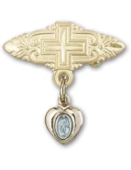 Baby Badge with Gold Plate over Sterling Silver Blue Miraculous Charm and Gold Filled Badge Pin with Cross