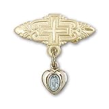Baby Badge with Gold Plate over Sterling Silver Blue Miraculous Charm and Gold Filled Badge Pin with Cross