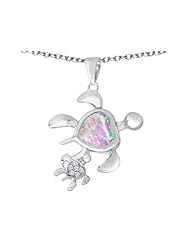 Original Star K (tm) Good Luck Mother and Child Turtle Pendant with Heart Shape Created Pink Opal in 925 Sterling Silver