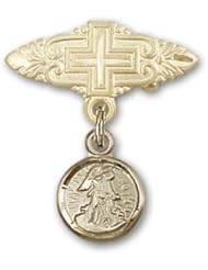 Gold Filled Baby Badge with Guardian Angel Charm and Badge Pin with Cross