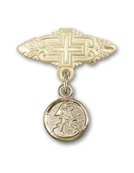 14kt Gold Baby Badge with Guardian Angel Charm and Badge Pin with Cross
