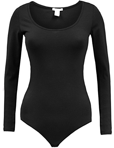 BEKDO Womens Basic Solid Long Sleeve Scoop Neck Bodysuit with Stretch-M-BLACK
