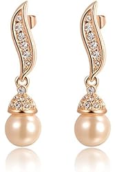Angelady 18k Rose Gold Plated Pearl Drop Earrings Austrian Crystals