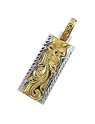 925 Silver Two Tone Plumeria & Scroll Vertical Bar Pendant Hawaiian Silver Jewelry