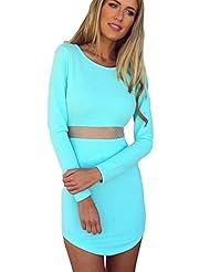 Polyester Long Sleeves Elasticized   Waistline Stretchy Skater Dress/Mini Dress 