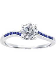 1.12 Ct Round H/I Diamond Blue Sapphire 18K White Gold Ring
