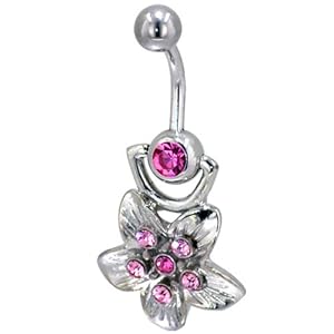 Pugster Mothers Day Gifts Pink Crystal Open Flower Gem Belly Button Ring Navel Piercing Bar Body Jewelry