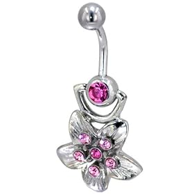 Pink Crystal Open Flower Gem Belly Button Ring Navel Piercing Bar Body Jewelry