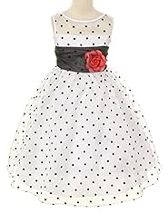 Girls Illusion Sheer Fitted  Organza Tea Length Bateau Neck Polka Dot Print Flower-Girl Dress  With a Bow(s) and a Sash 