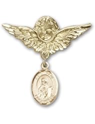 14K Gold Baby Badge with St. Paul the Apostle Charm and Angel with Wings Badge Pin