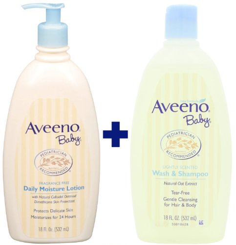 Bundle: Aveeno Baby Daily Moisture Lotion, 18 Ounce + Aveeno Baby Wash & Shampoo, 18 Ounce