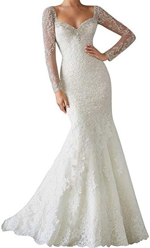 Shixi Marriage Women's Lace Sweetheart Illusion Sleeve Mermaid Bridal Wedding Dress