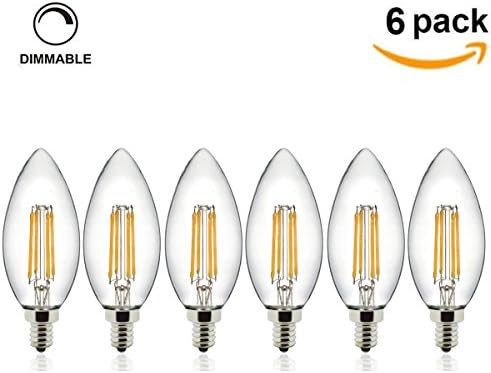 LORIZA LED Filament Candelabra Bulb Dimmable, 6-Packs, LED Filament Bulb Candelabra Warm White, 5w E12 LED Candelabra Bulb Dimmable B35 Bullet Top