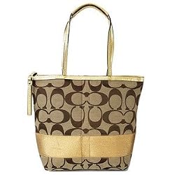 Authentic Coach Signature Stripe Large Zip Tote 18798 Khaki Gold