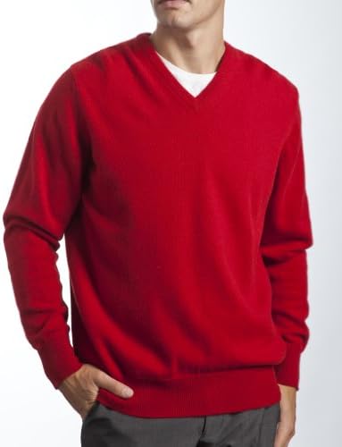 Glenmuir Scotland Men's 100% Cashmere Plain V Neck Classic Fit Sweater. Made in Scotland-Chianti-Large
