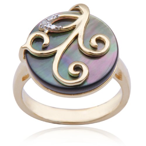 18k Yellow Gold Plated Sterling Silver Mother-of-Pearl and Diamond-Accent Round Ring, Size 7