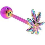 Rainbow Titanium Anodized 3-D Pot Leaf Barbell Tongue Ring