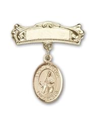 14K Gold Baby Badge with St. Dymphna Charm and Arched Polished Badge Pin