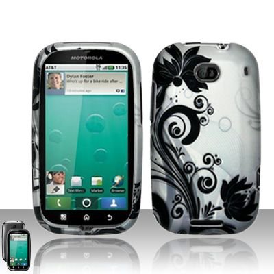 Best Price Silver Flower Black Vine Rubberized Snap on Hard Shell Cover Protector Faceplate Cell Phone Case for AT&T Motorola Bravo / Kobe MB520 Smartphone + LCD Screen Guard Film (Free Wrist Band)