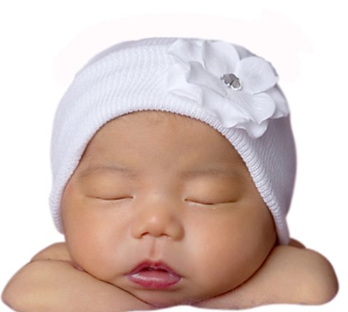 Melondipity Girls White Newborn Authentic Hospital Grade Baby Hat- White Flower